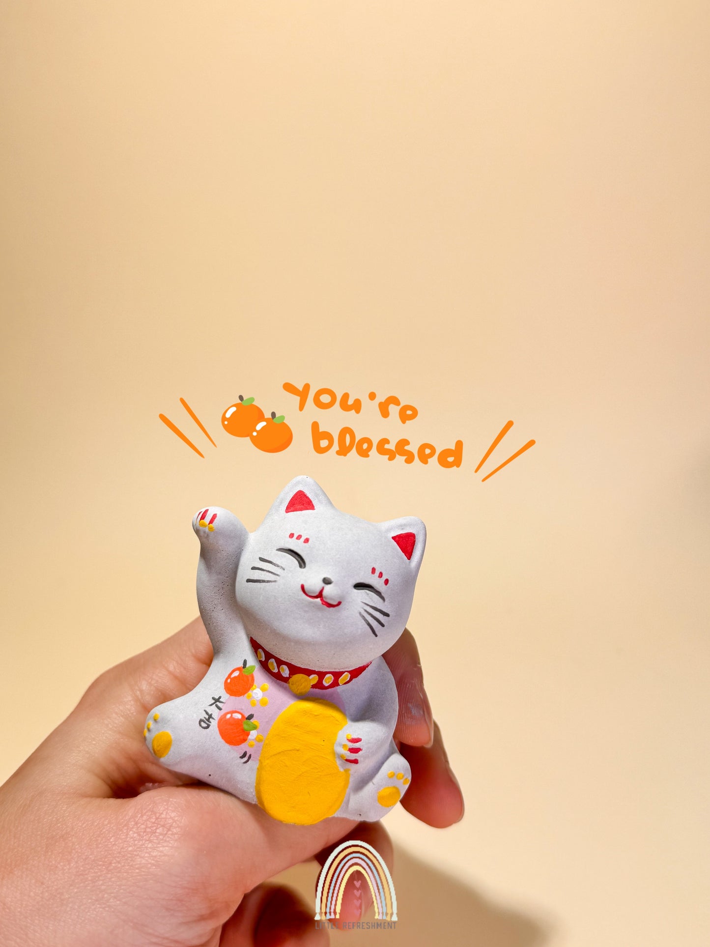 Smile Blessing Meow | Tangerine | Handmade Custom Concrete Lucky Cat Inspired by Japanese Maneki-Neko | sbc0049