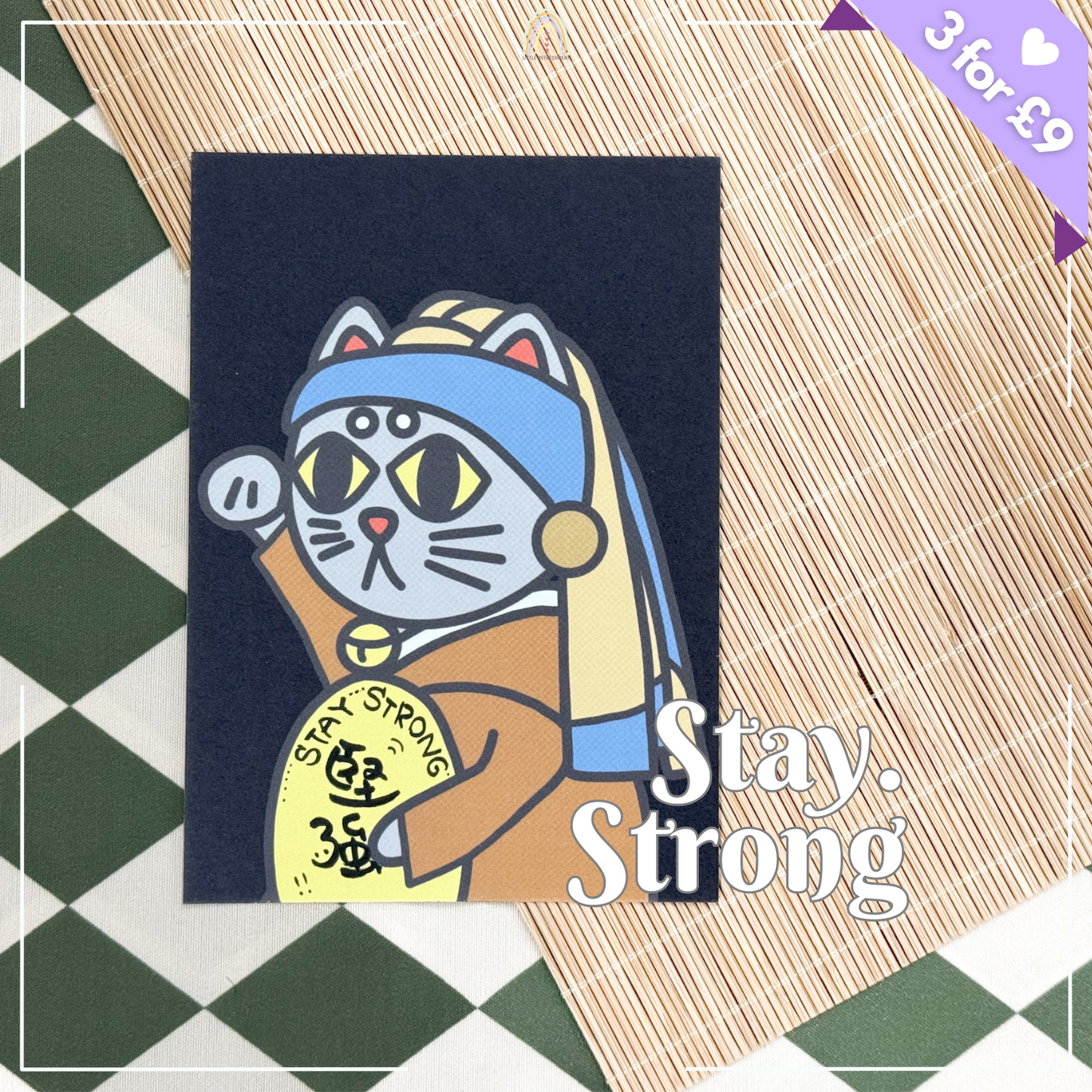 Limited Written Ver. | Blessing cat with a Pearl Earring | Original Design Blessing Card