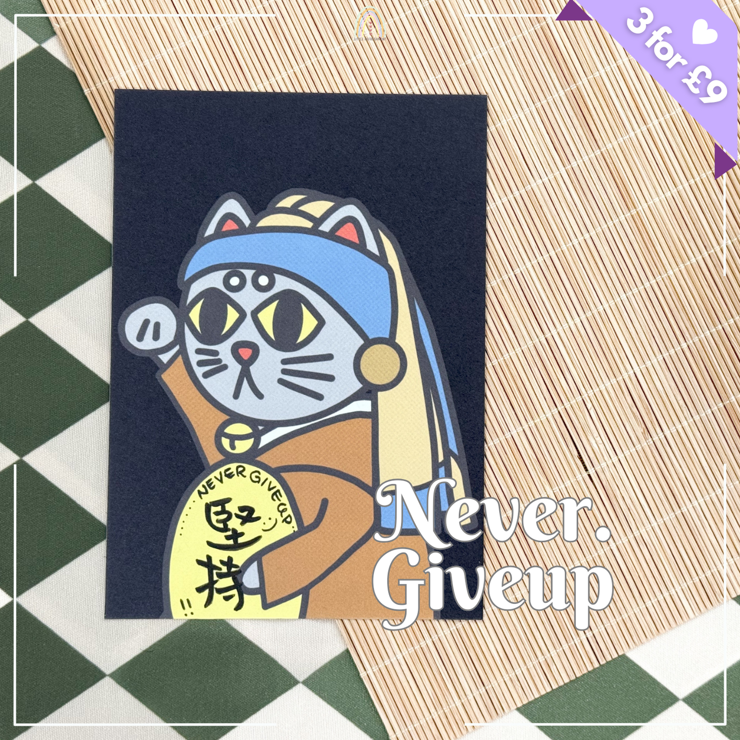 Limited Written Ver. | Blessing cat with a Pearl Earring | Original Design Blessing Card