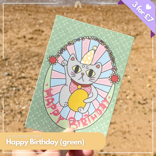 Birthday Blessing Cat -Green | Original Design Blessing Card