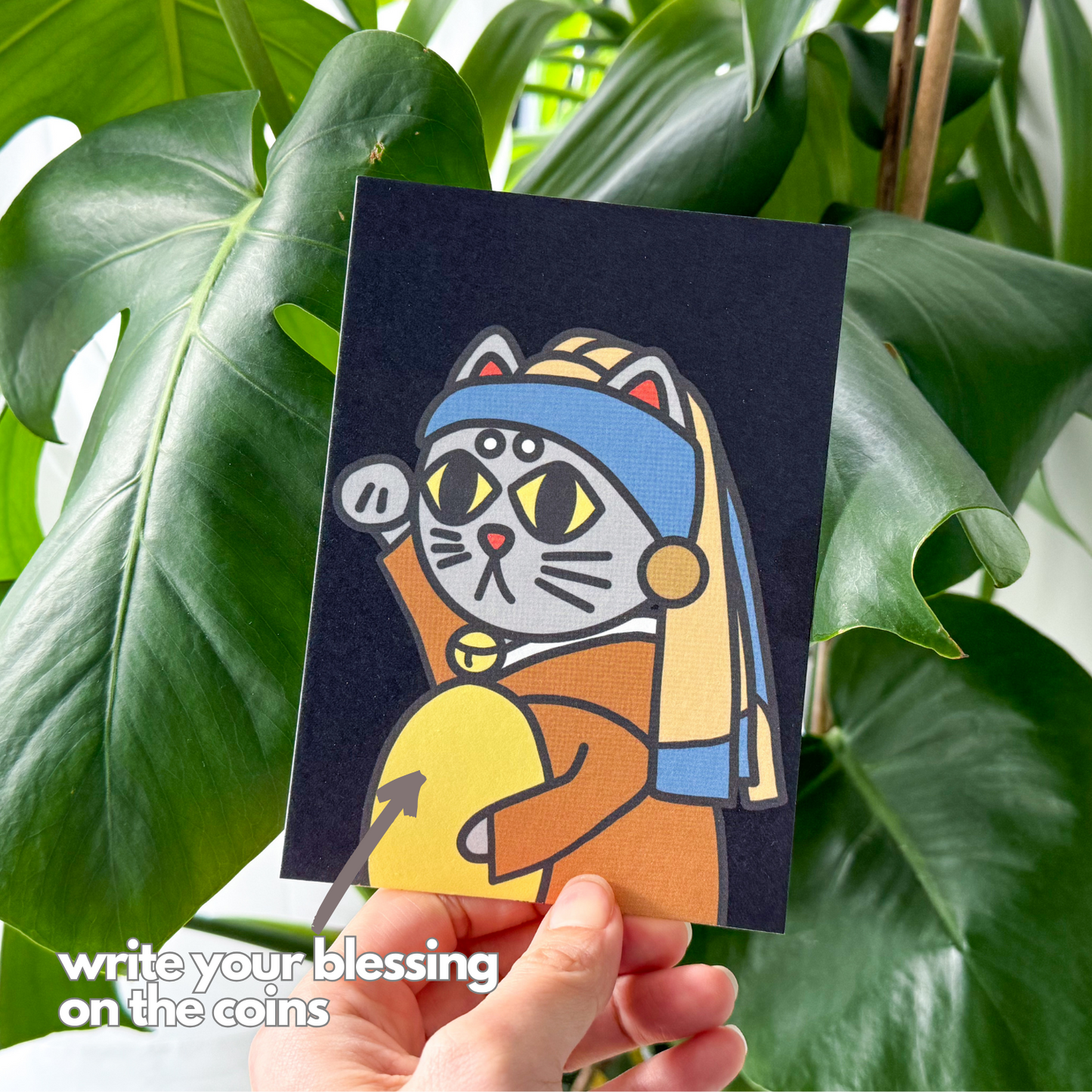 Blessing cat with a Pearl Earring | Original Design A6 Prints Blessing Card