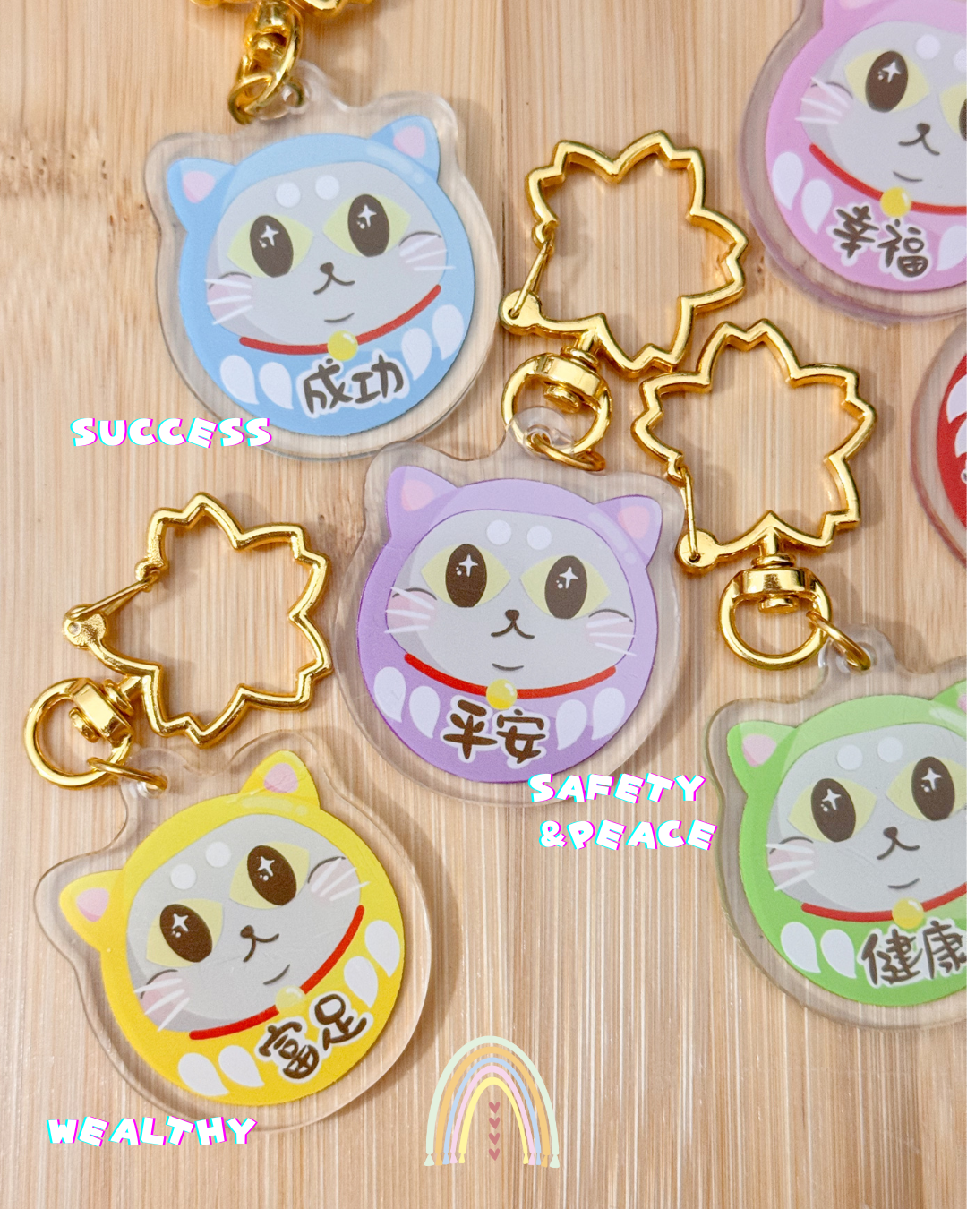 Blessing Meow x Daruma Keychain | Original Design Blessing Keychain (Gold Sakura)