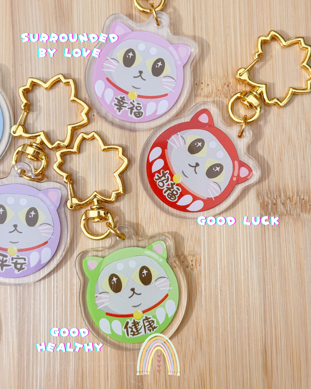 Blessing Meow x Daruma Keychain | Original Design Blessing Keychain (Gold Sakura)