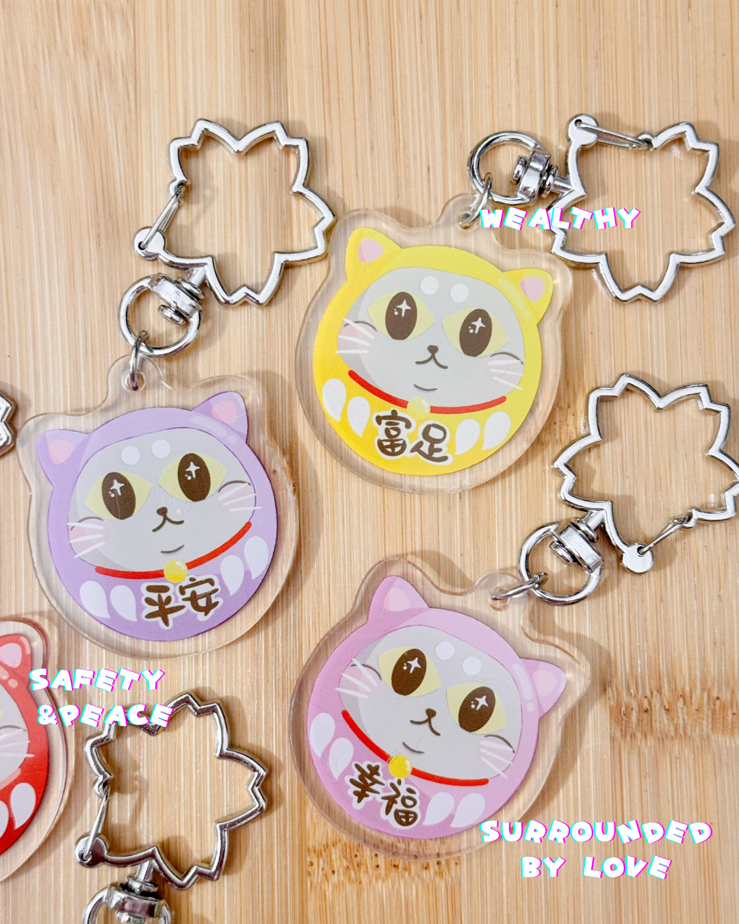 Blessing Meow x Daruma Keychain | Original Design Blessing Keychain (Silver Sakura)