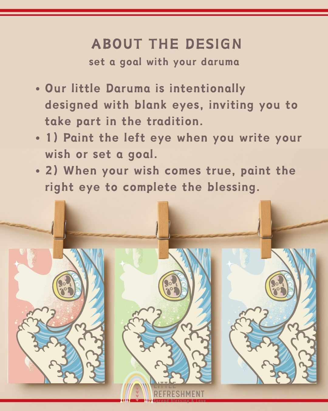 Wish-making Daruma in The Wave | A6 open card with envelope | 3 for £9