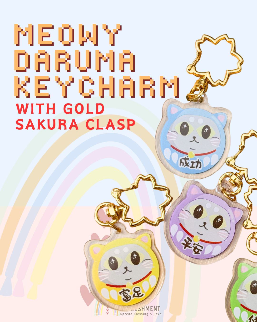 Blessing Meow x Daruma Keychain | Gold Sakura Clasp