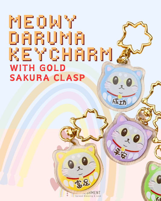 Blessing Meow x Daruma Keychain | Gold Sakura Clasp