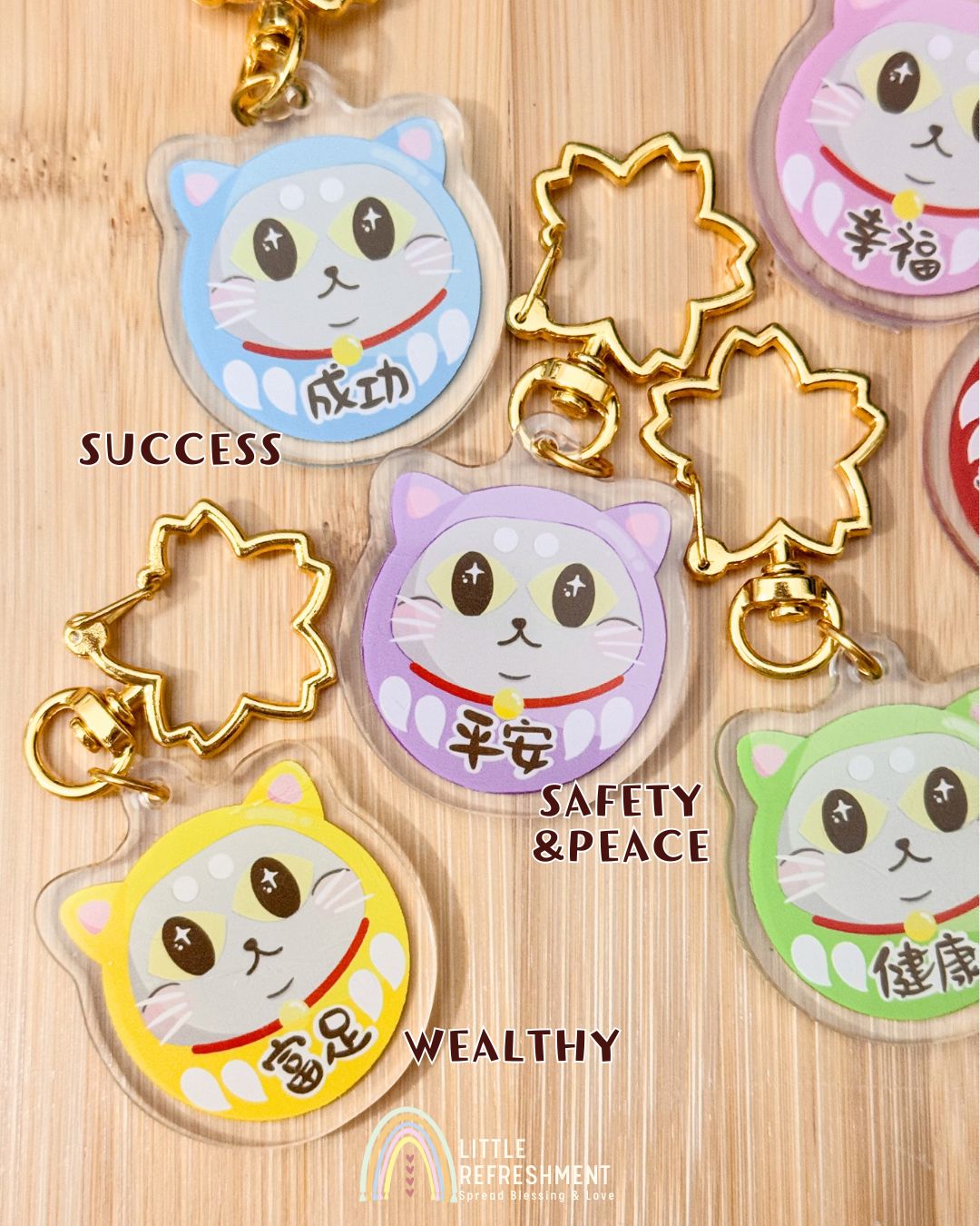 Blessing Meow x Daruma Keychain | Gold Sakura Clasp