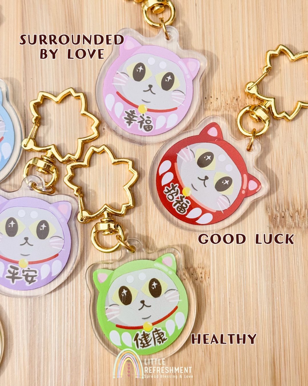 Blessing Meow x Daruma Keychain | Gold Sakura Clasp