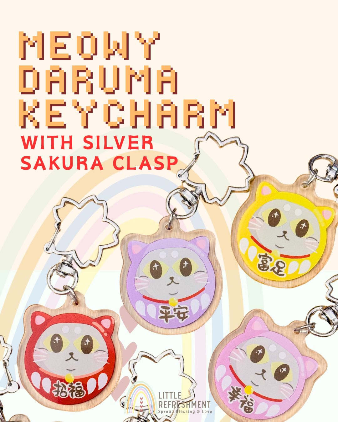 Blessing Meow x Daruma Keychain | Silver Sakura Clasp