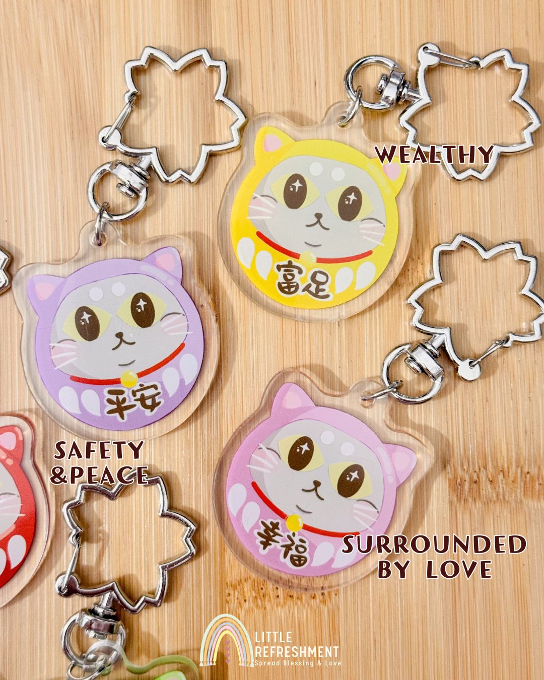 Blessing Meow x Daruma Keychain | Silver Sakura Clasp
