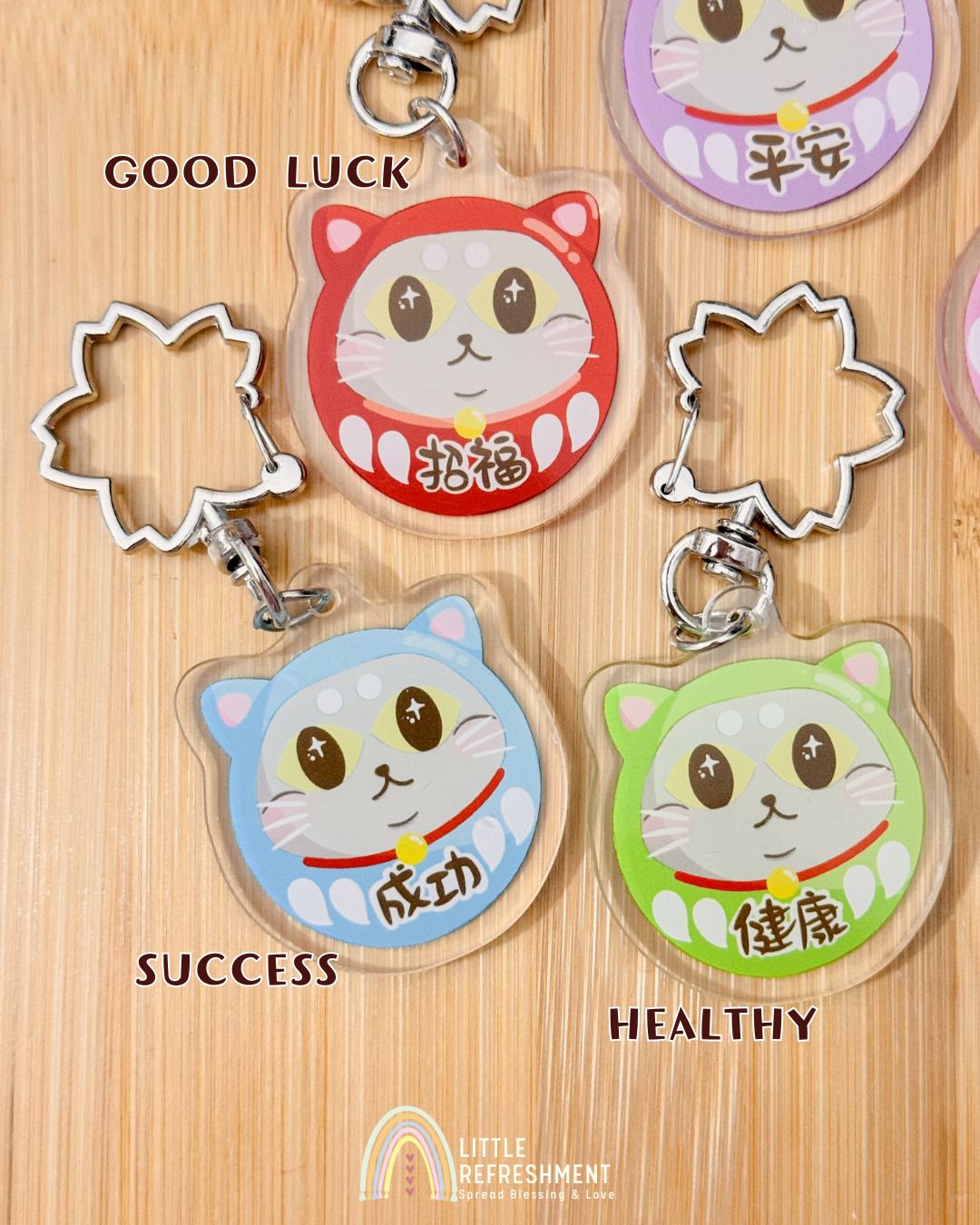 Blessing Meow x Daruma Keychain | Silver Sakura Clasp