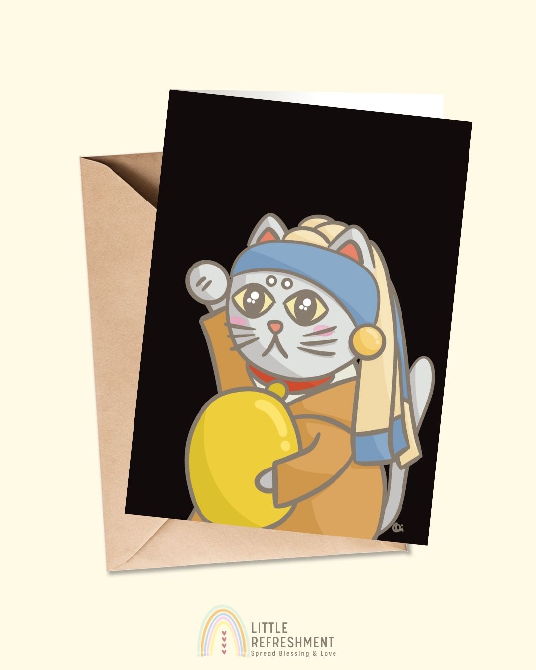 Blessing Meow with a pearl earring | A6 open card with envelope | 3 for £9