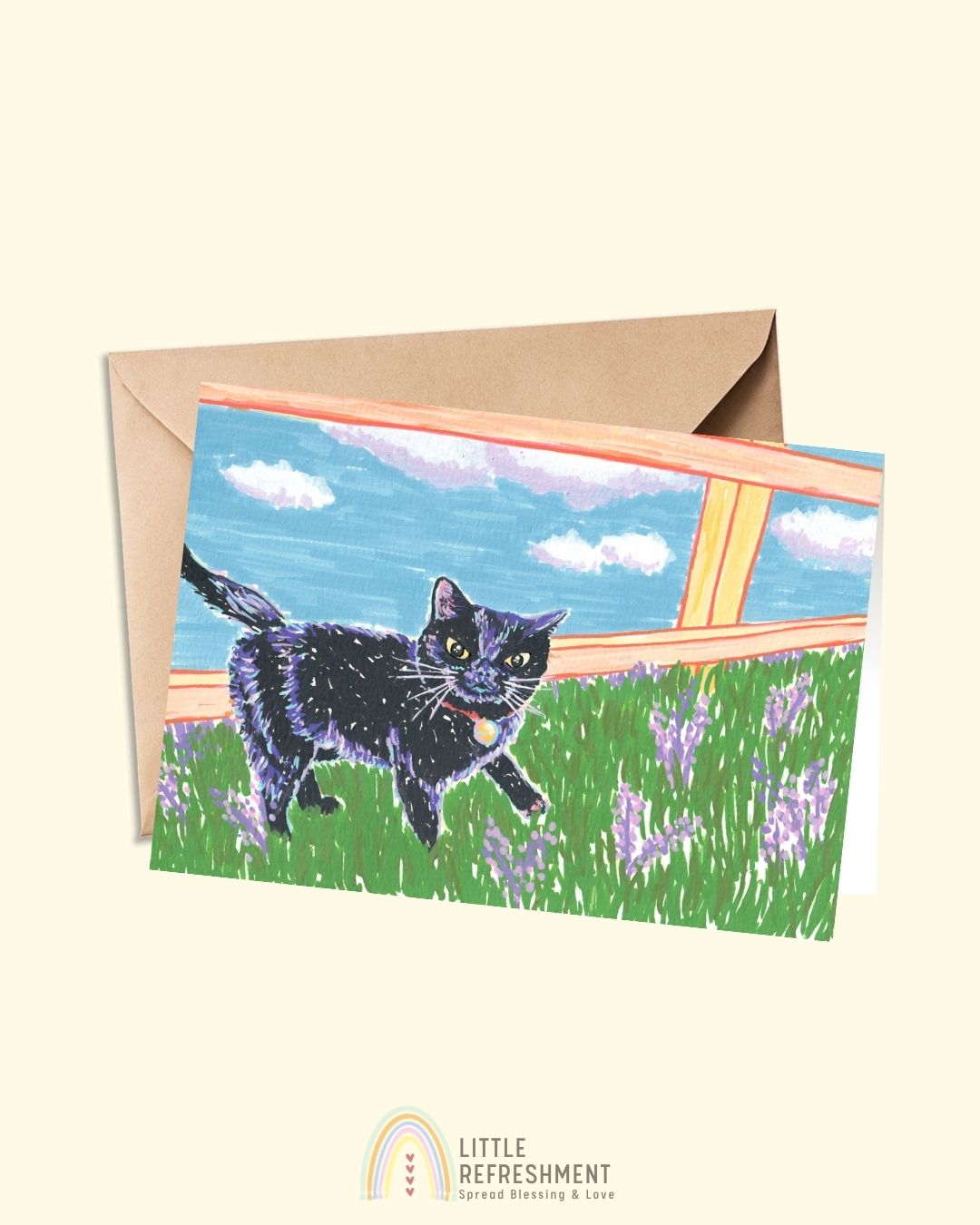 Cat portraits: black cat on a beautiful day  | A6 open card with envelope | 3 for £9