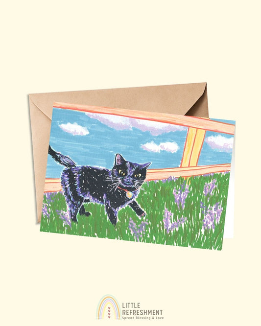 Cat portraits: black cat on a beautiful day  | A6 open card with envelope | 3 for £9