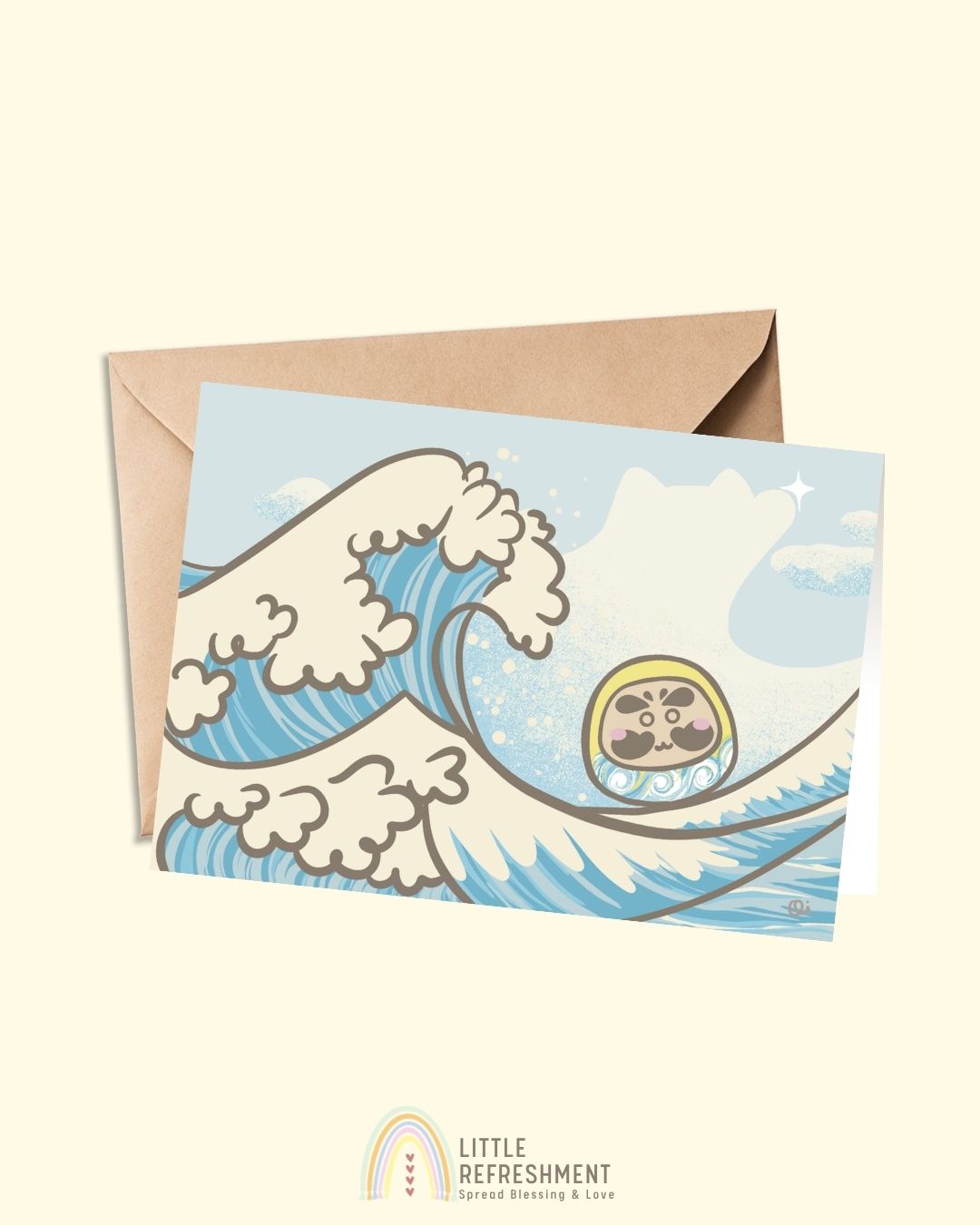 Wish-making Daruma in The Wave | A6 open card with envelope | 3 for £9
