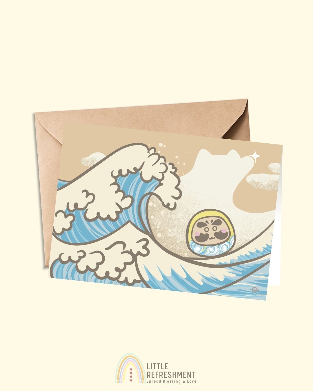 Wish-making Daruma in The Wave | A6 open card with envelope | 3 for £9