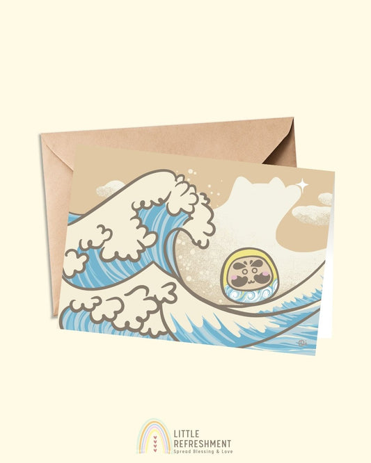 Wish-making Daruma in The Wave | A6 open card with envelope | 3 for £9