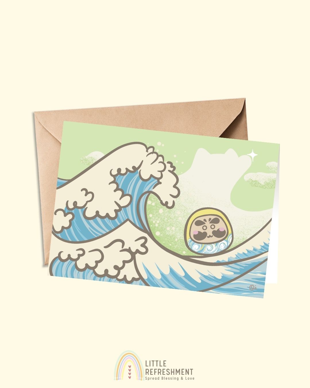 Wish-making Daruma in The Wave | A6 open card with envelope | 3 for £9