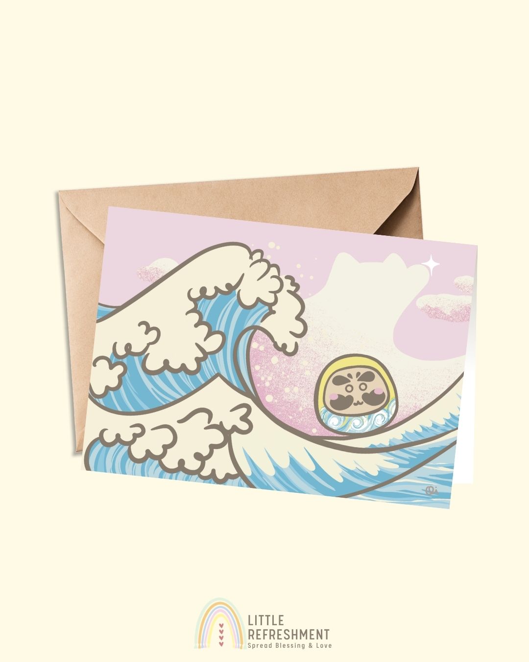 Wish-making Daruma in The Wave | A6 open card with envelope | 3 for £9