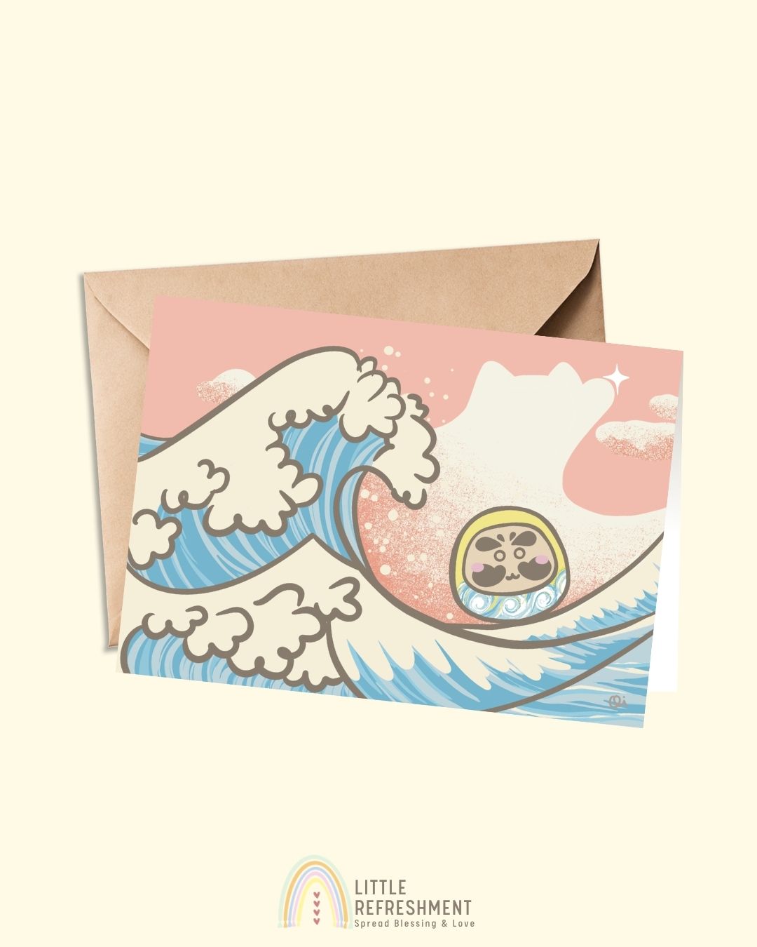 Wish-making Daruma in The Wave | A6 open card with envelope | 3 for £9